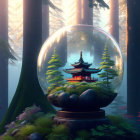 Miniature pagoda in snow globe with pine trees and ethereal forest backdrop