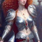 Regal woman in silver armor with red hair on baroque backdrop