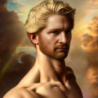 Classical Portrait of Shirtless Man with Blond Hair in Dramatic Sky