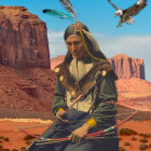 Indigenous person in feathered headdress with bow, eagle, and desert mesa.