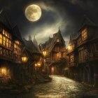 Medieval village at night with cobblestone streets and full moon