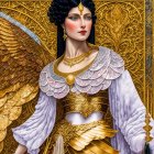 Digital art: Woman with golden wings in white and gold dress