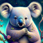 Colorful Koala Illustration with Butterflies on Branch in Starry Night