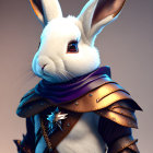 Anthropomorphic rabbit in medieval armor with purple scarf before castle.