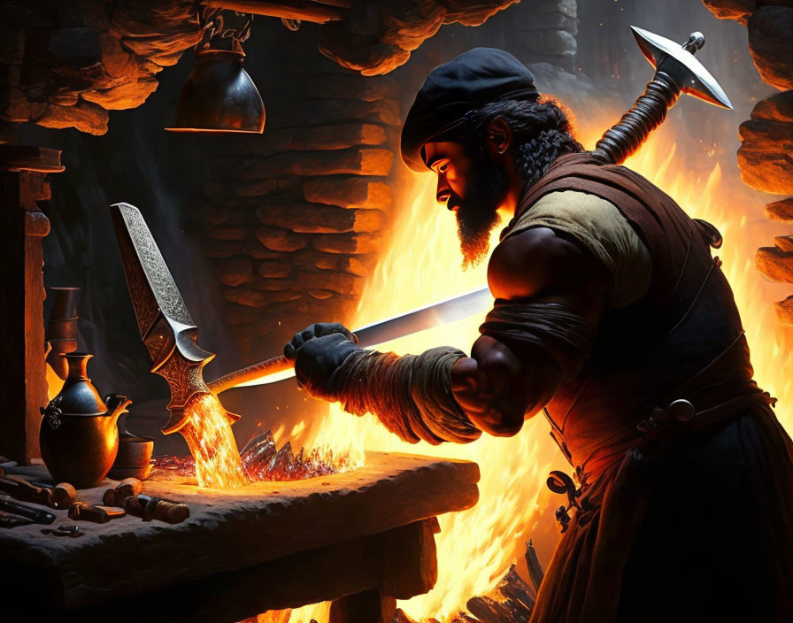 Blacksmith crafting blade with hammer in fiery workshop