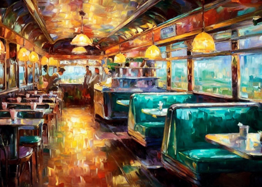 Vibrant impressionistic painting of cozy diner interior