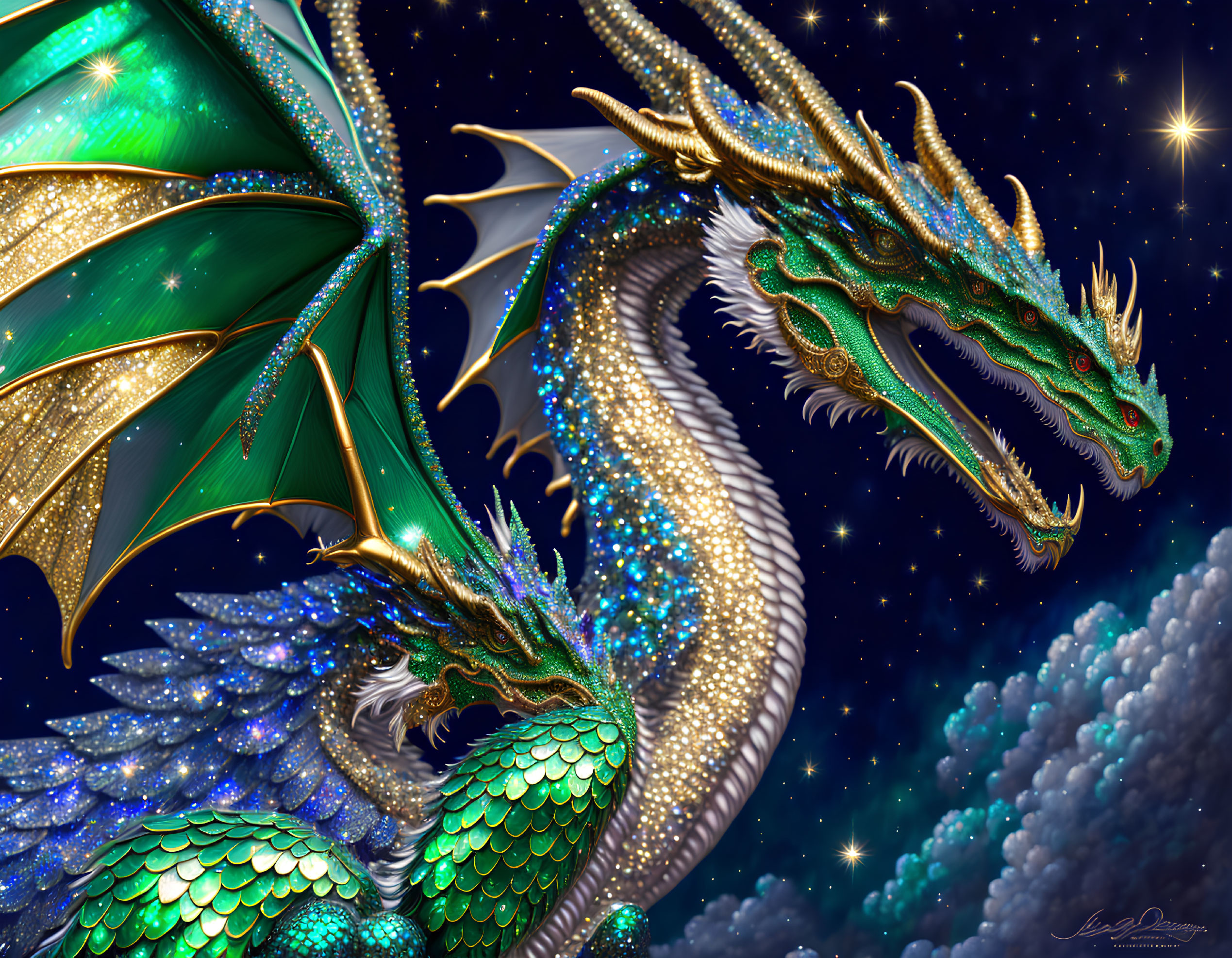 Detailed illustration of multi-headed dragon with green and blue scales in starry night sky