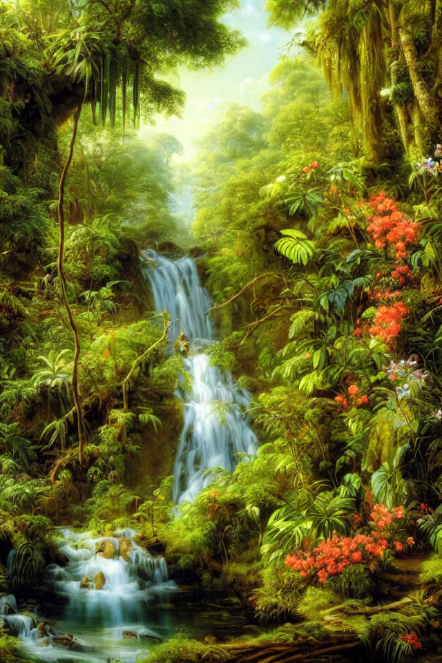 Scenic forest waterfall with lush greenery & flowers