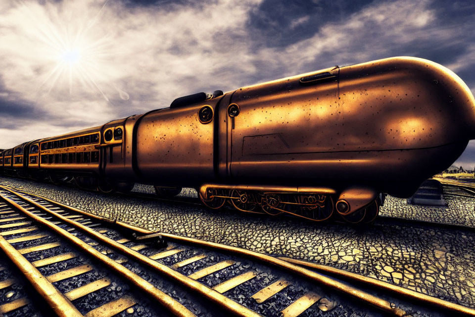Sleek metallic futuristic train on tracks under bright sun