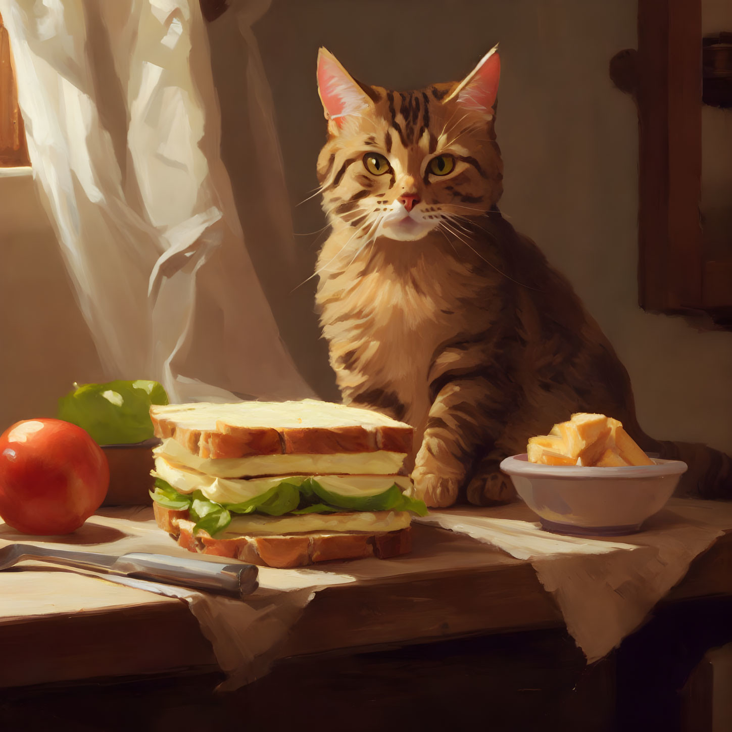 Tabby Cat with Sandwich, Apple, Greens, and Chips on Sunny Table