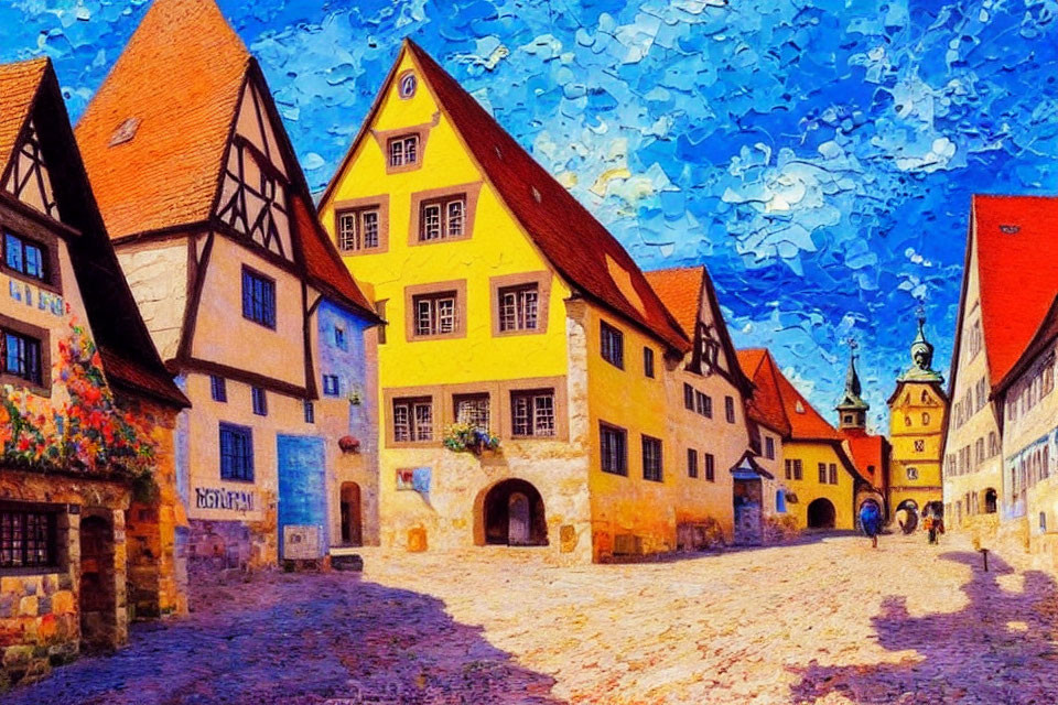 Vibrant Impressionistic Painting of European Cobblestone Street