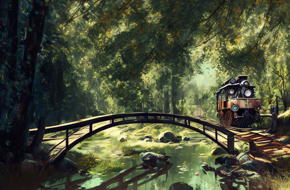 Vintage train crossing wooden bridge in lush forest with stream