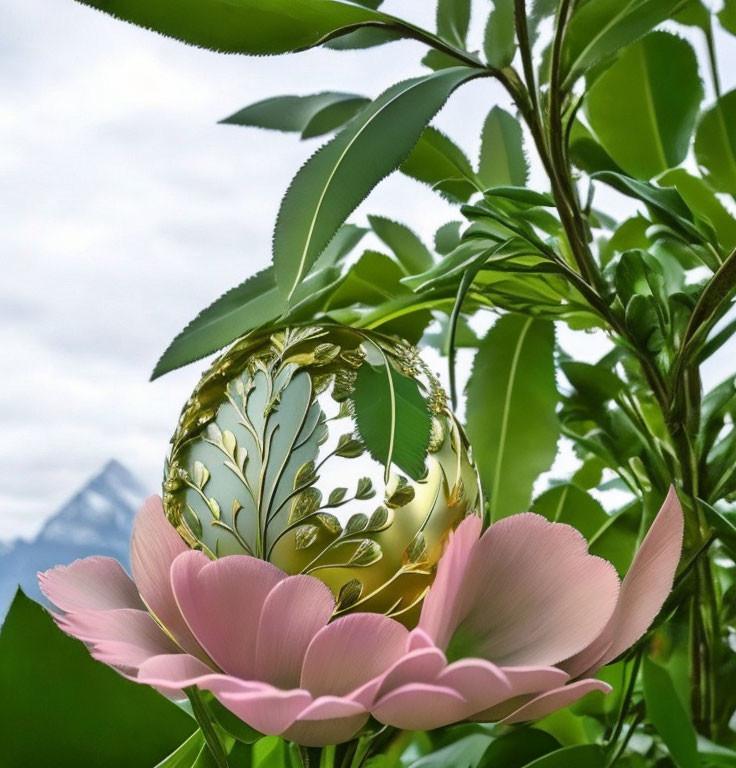Golden Orb Among Pink Blossoms and Mountains with Cloudy Sky