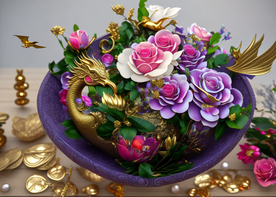Colorful floral arrangement in dragon-themed bowl with paper-like roses and purple flowers and golden coins.