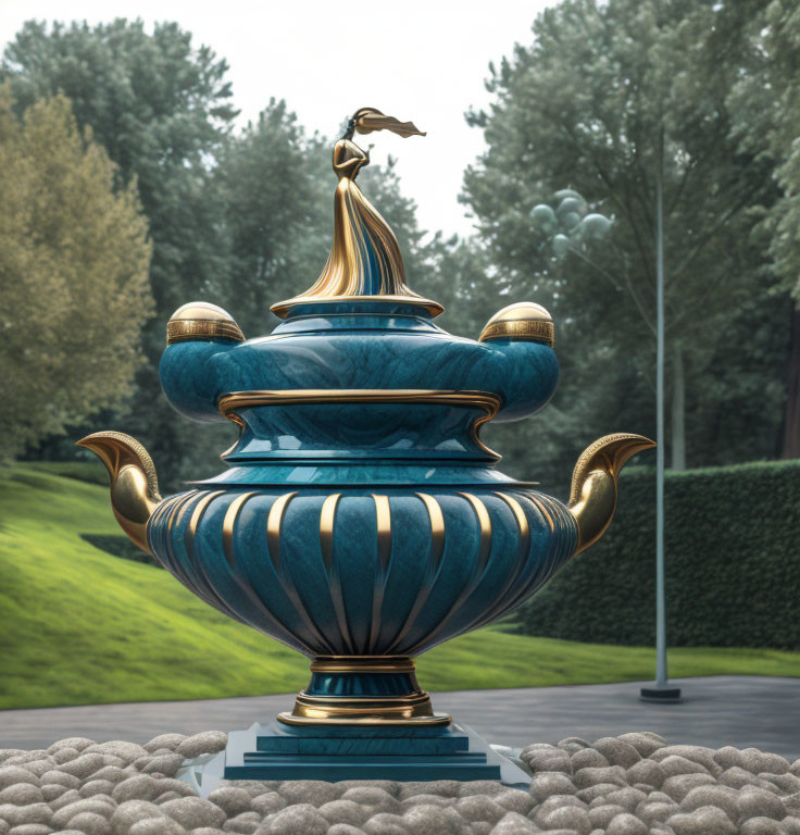 Blue and Gold Genie Lamp Sculpture in Outdoor Park