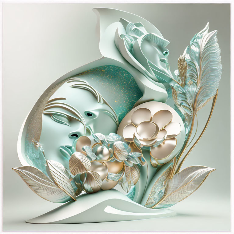 Stylized floral arrangement in soft teal and white tones with glitter accents