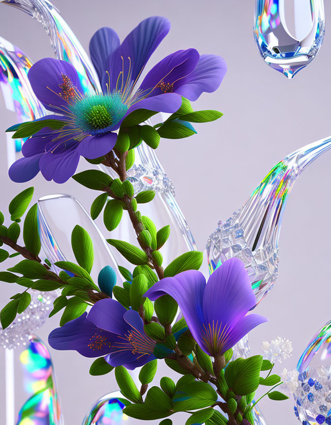 Purple Flowers with Prominent Stamens and Green Leaves on Fluid-like Background