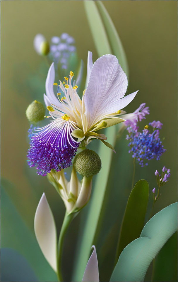 White and Purple Flower with Yellow Stamens and Fluffy Center in Green Foliage