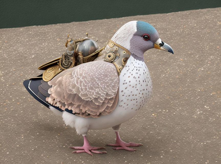 Steampunk-themed pigeon with metallic backpack on concrete surface