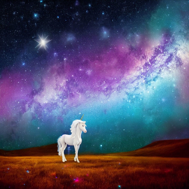 White unicorn on grassy hill under star-filled night sky with galaxies and nebulae.