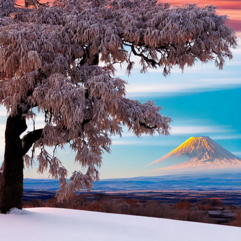 Winter scene: Snow-covered tree and frosty branches with distant mountain peak at dawn
