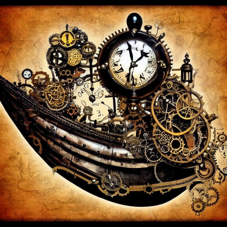 Steampunk-inspired vintage artwork with gears, cogs, and clock on textured background