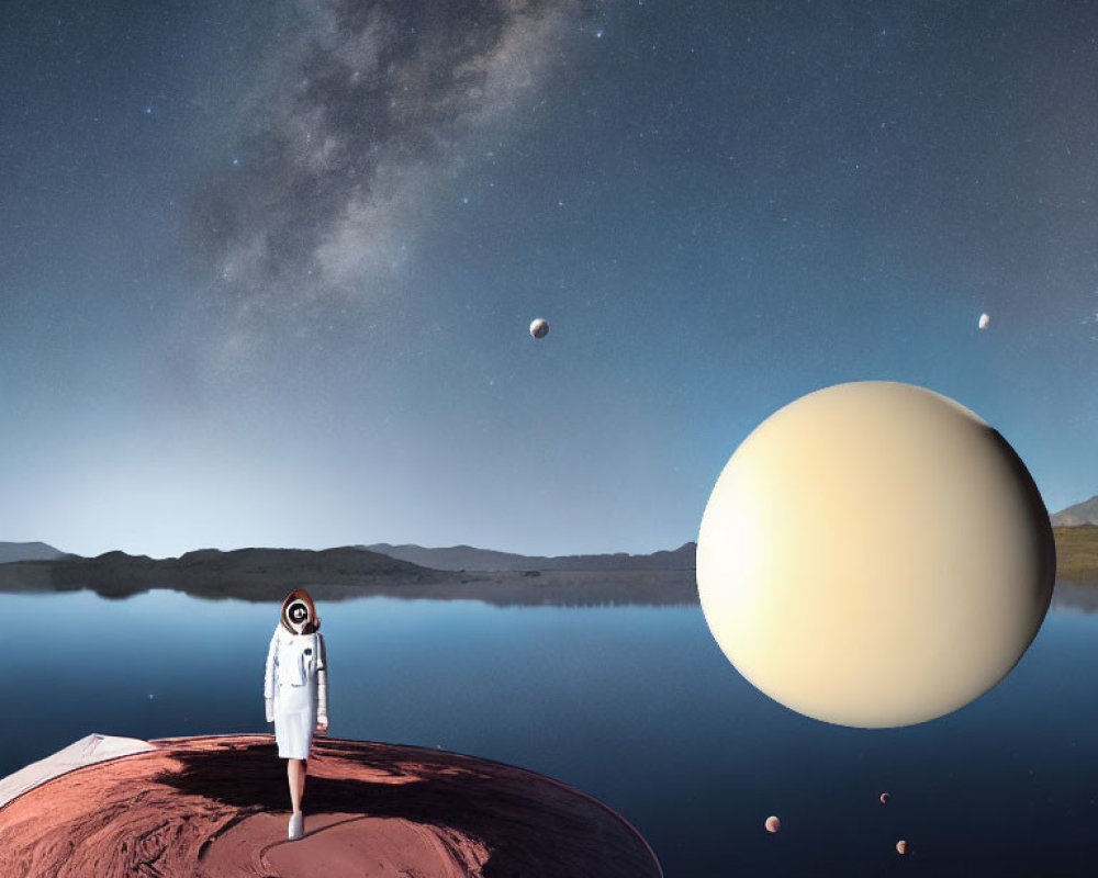 Astronaut on surreal planet with lake and giant celestial bodies