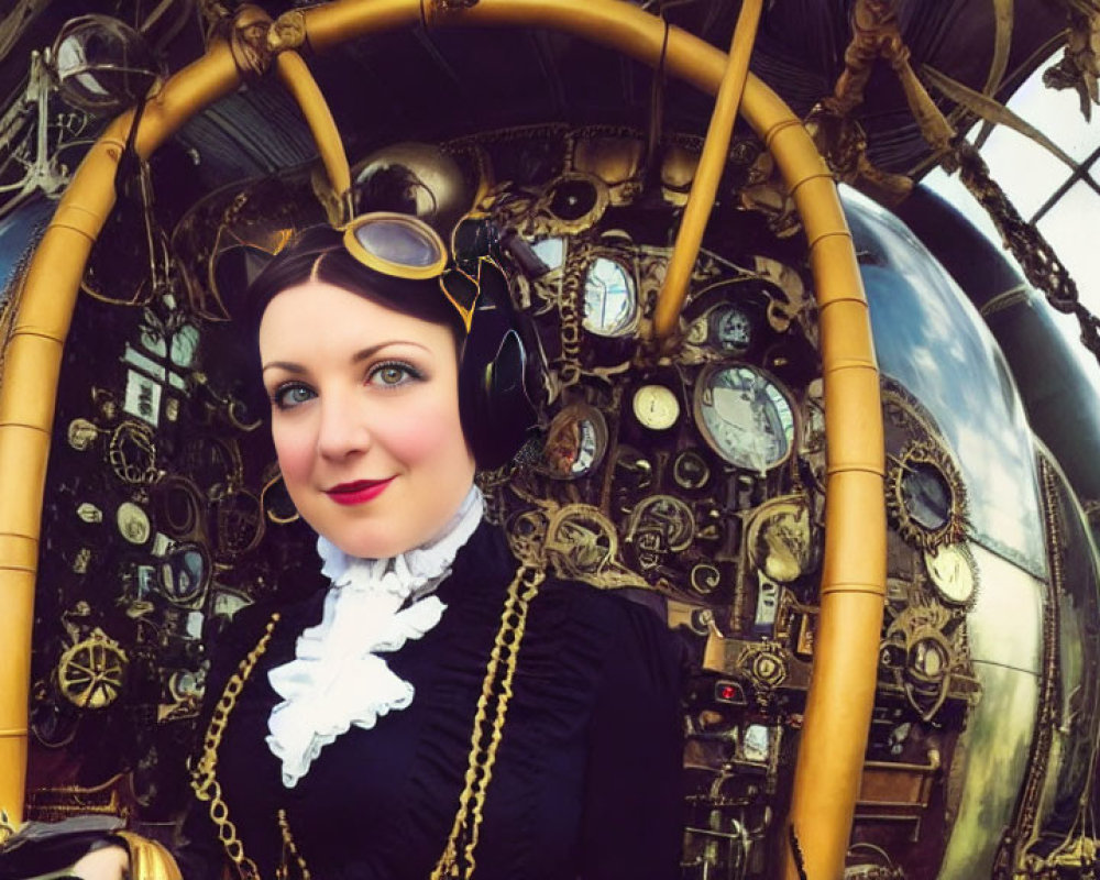 Steampunk woman in vintage cockpit with brass instruments.
