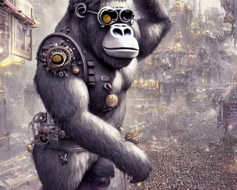 Steampunk gorilla with mechanical enhancements and goggles in futuristic cityscape