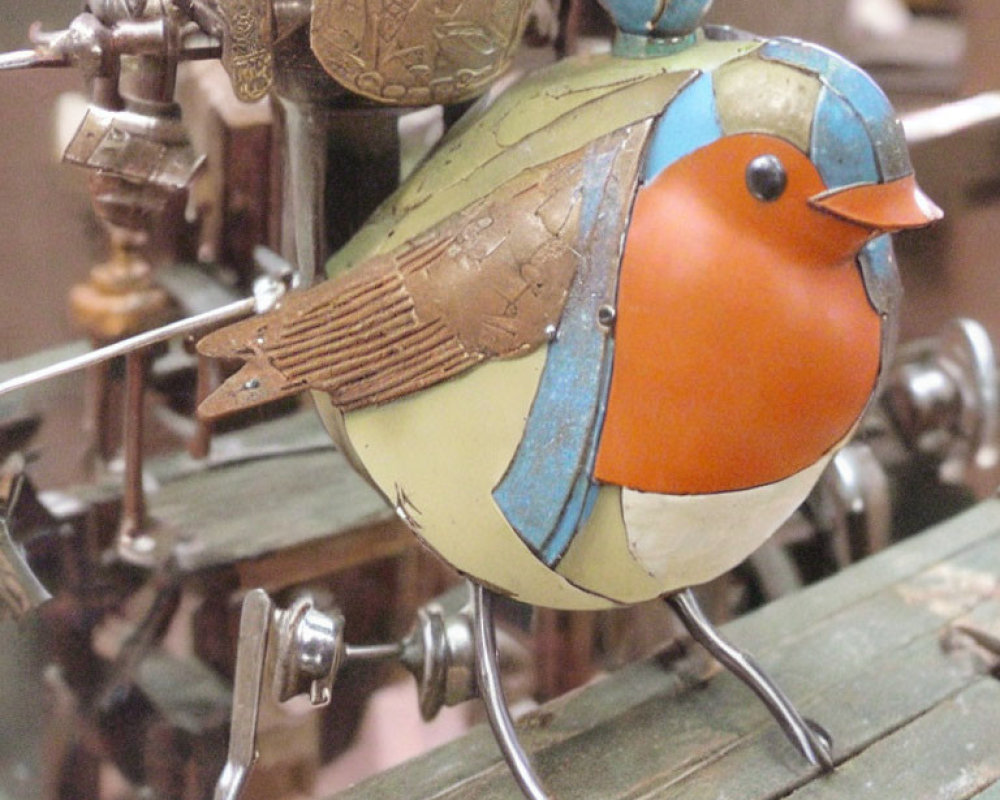 Colorful Metal Bird Sculpture with Tiny Bird on Back Amid Rustic Gears