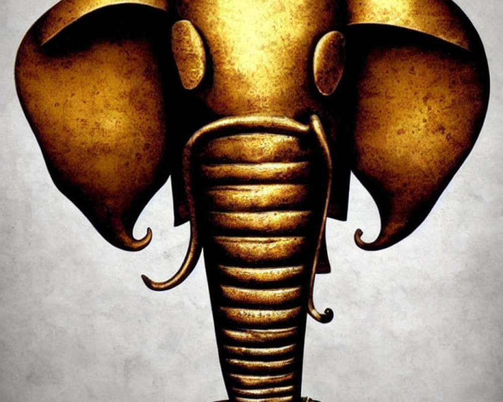 Golden Textured Elephant Head with Tusks and Trunk