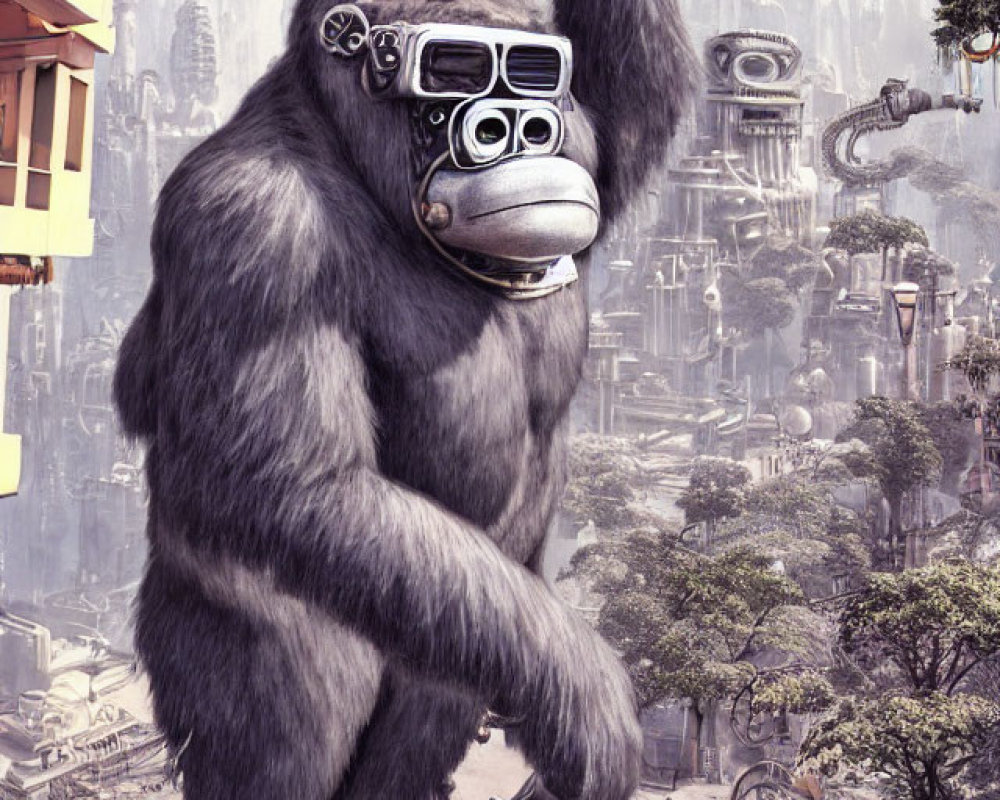 Stylized giant gorilla with goggles and sandals in futuristic cityscape