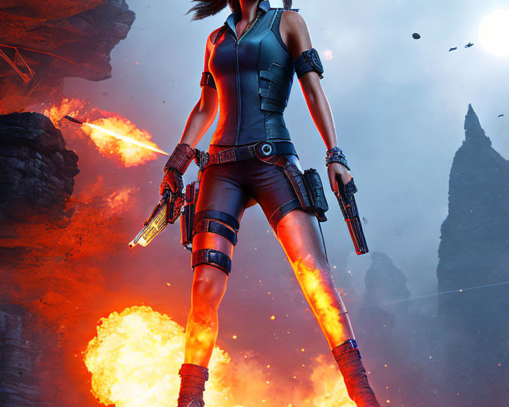 Dual-pistol woman in explosive fire backdrop