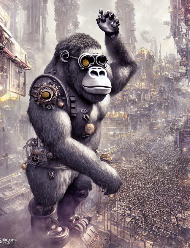 Steampunk gorilla with mechanical enhancements and goggles in futuristic cityscape