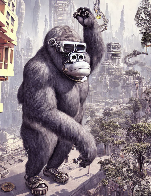Stylized giant gorilla with goggles and sandals in futuristic cityscape