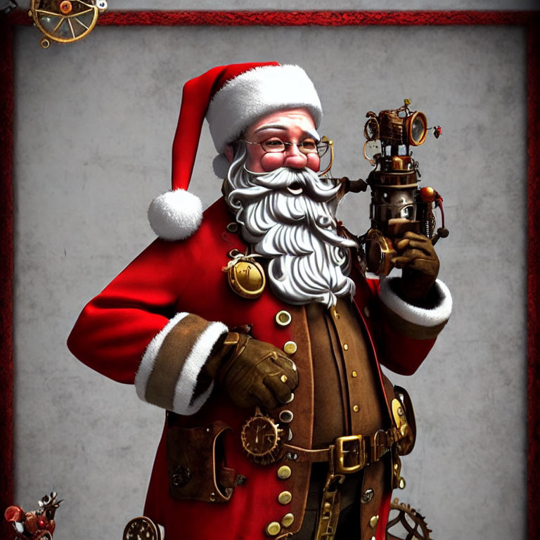 Santa Claus in Red Outfit with Steampunk Toy on Whimsical Background
