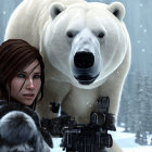 Woman in winter attire with sniper rifle and polar bear in snowy forest