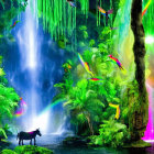 Colorful jungle scene with waterfall, horse, parrot, and birds