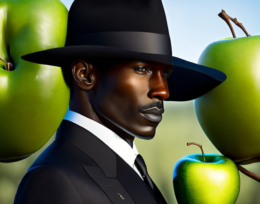 A man in black with apples