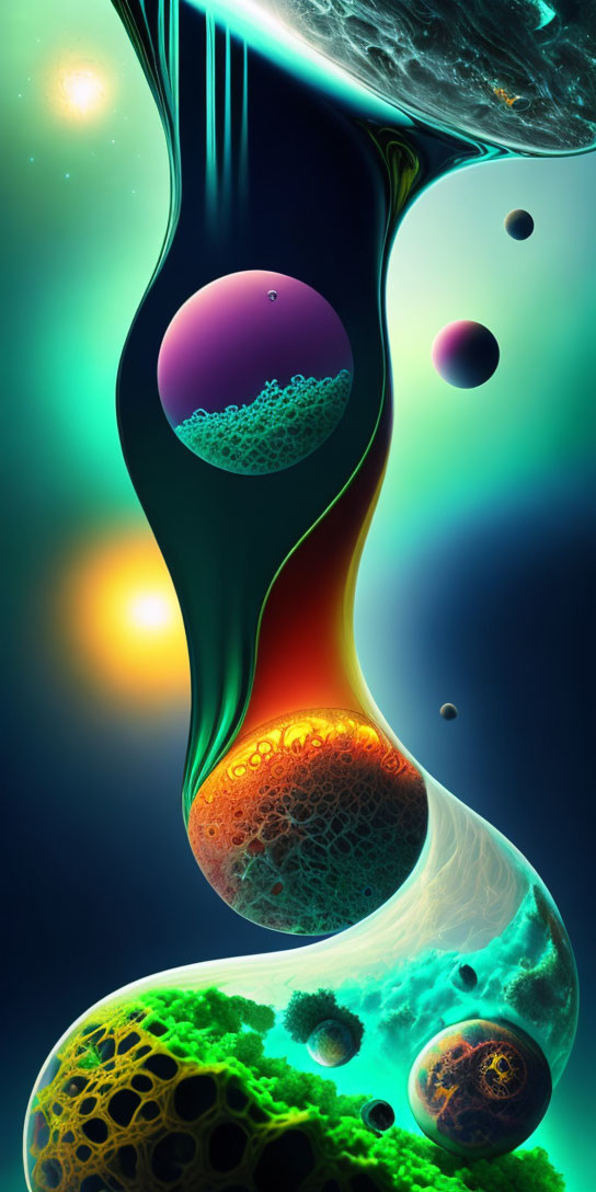 Vibrant cosmic artwork with fluid shapes and glowing planets