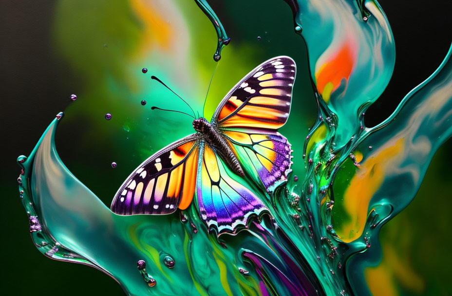 Colorful Butterfly on Swirling Liquid Background