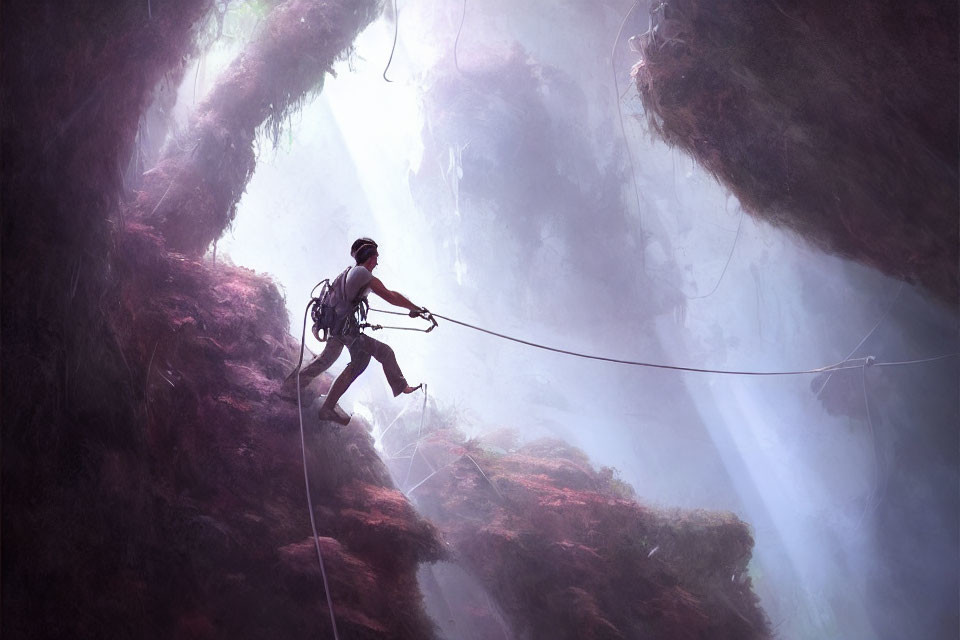 Person rappelling down mossy cavern cliff under soft light.