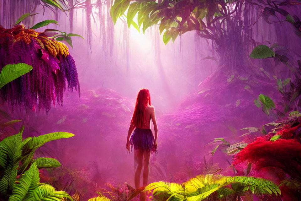 Red-Haired Person in Mystical Forest with Purple Foliage
