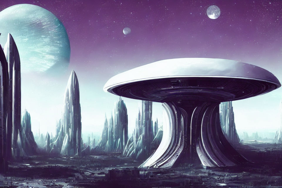 Futuristic cityscape with towering spires and saucer-shaped building under giant planet and moons