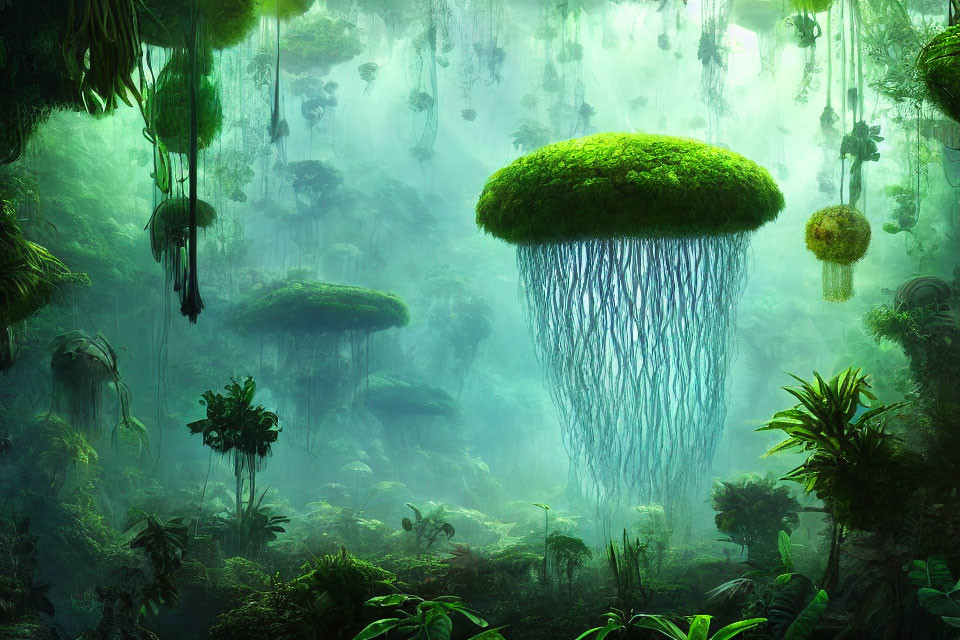 Mystical forest with floating islands and jellyfish-like plants