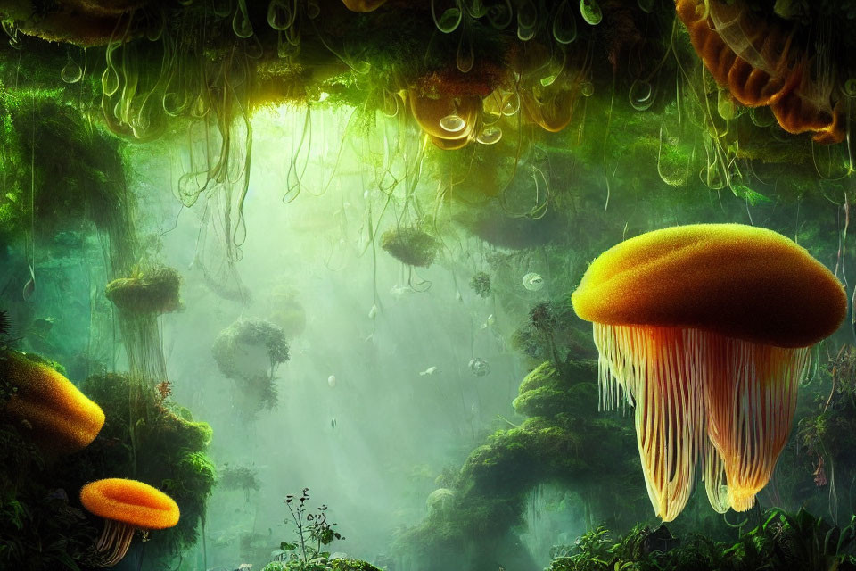 Fantastical undergrowth scene with oversized glowing jellyfish-like creatures among lush green foliage