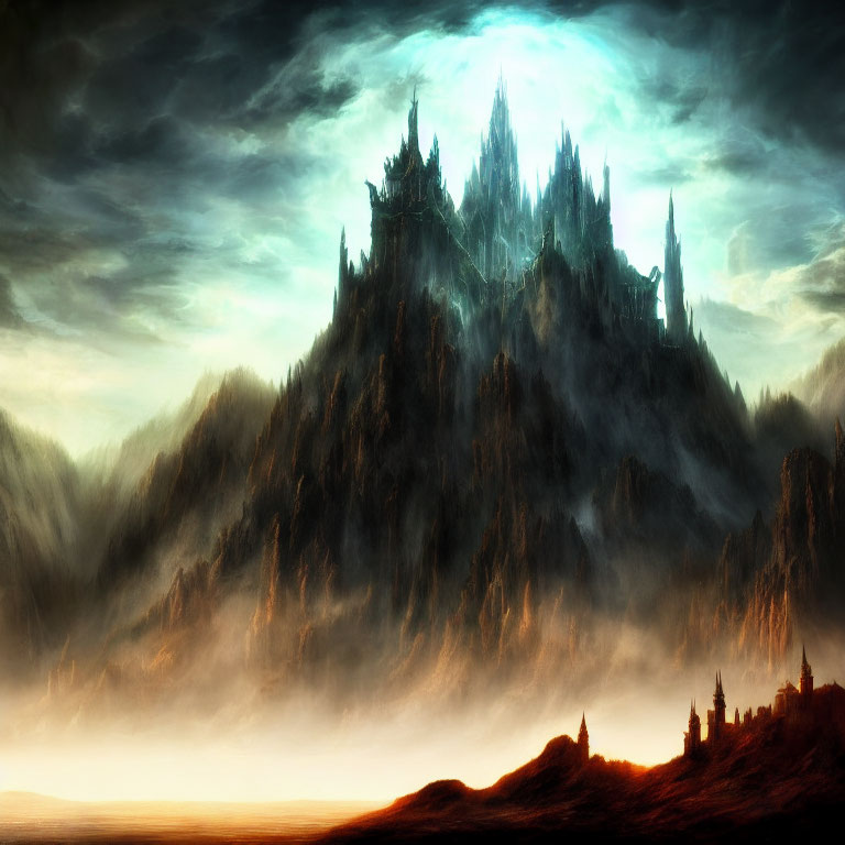 Majestic fantasy castle on misty mountain at sunset