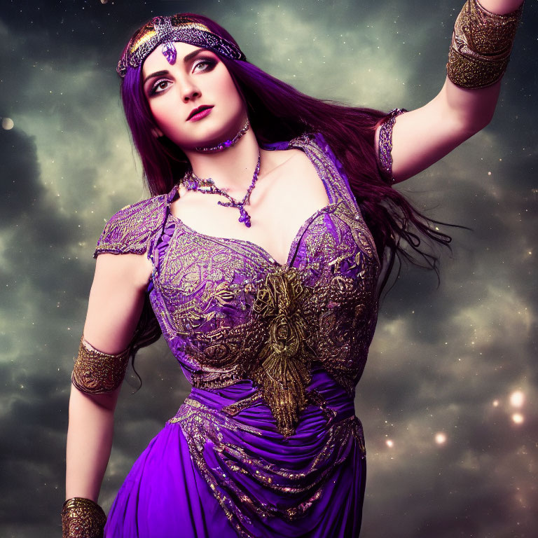 Purple Embellished Belly Dance Costume with Gold Jewelry Against Starry Sky