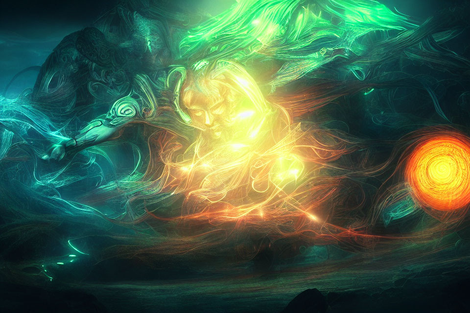 Vibrant digital art: ethereal forms, glowing lines, radiant orb