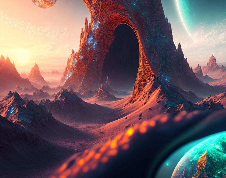 Alien landscape with towering mountains and glowing elements